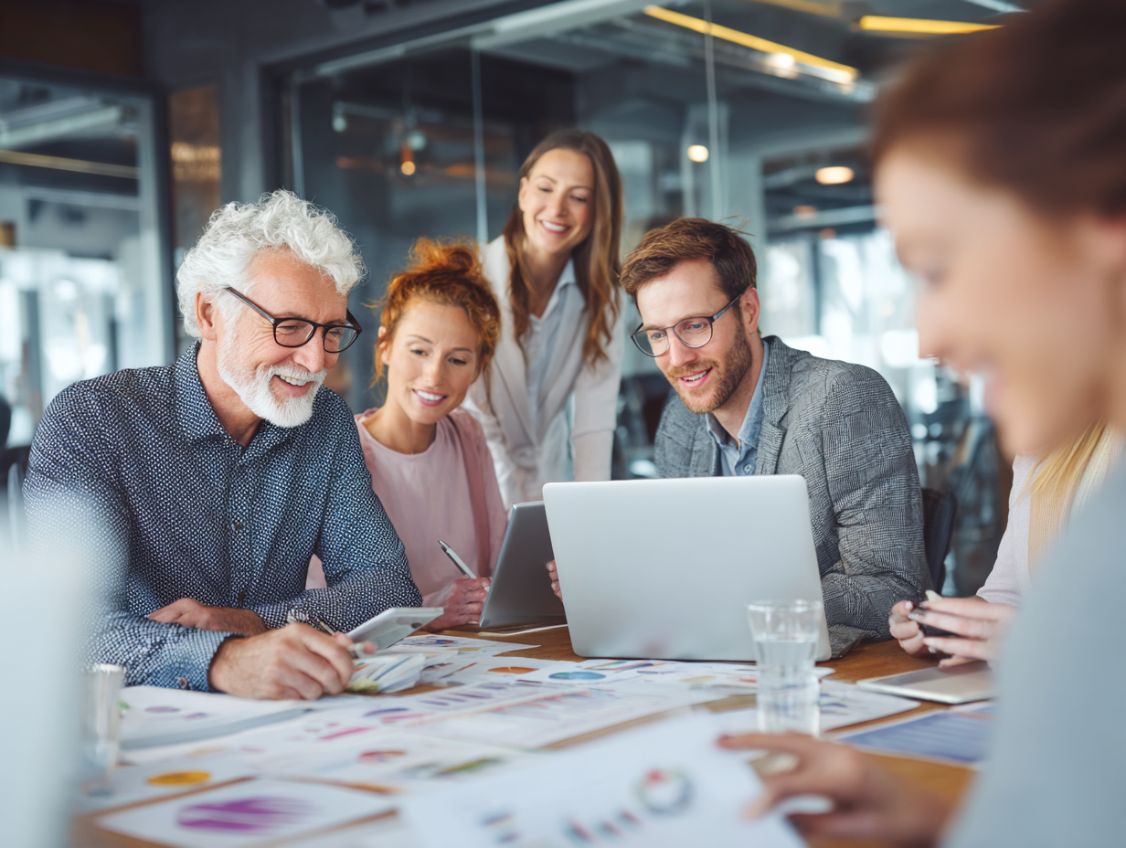 Команда експертів drunilar різного віку працює разом над створенням планів харчування у сучасному офісі