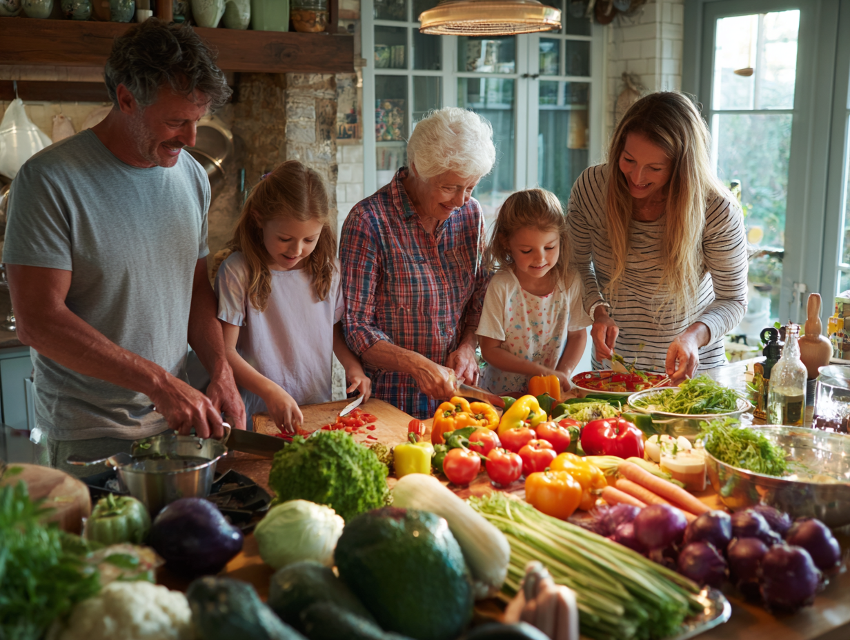 Сім'я готує здорову їжу разом на кухні, батьки та діти різного віку працюють з свіжими овочами та фруктами