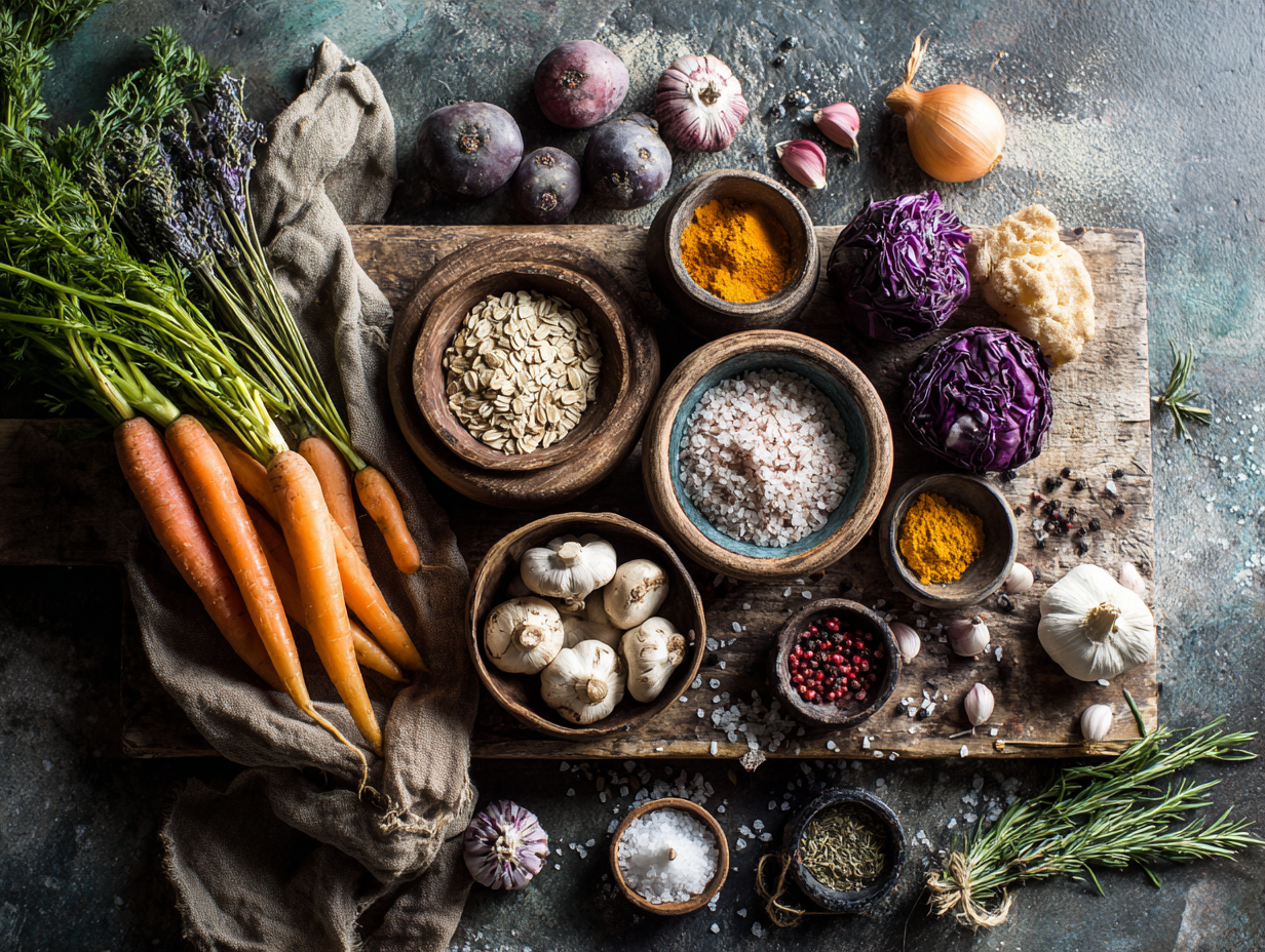 Різноманітні свіжі продукти розкладені на столі - овочі, фрукти, зернові, білки