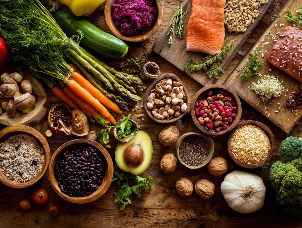 Різноманітні свіжі продукти та інгредієнти для здорового харчування